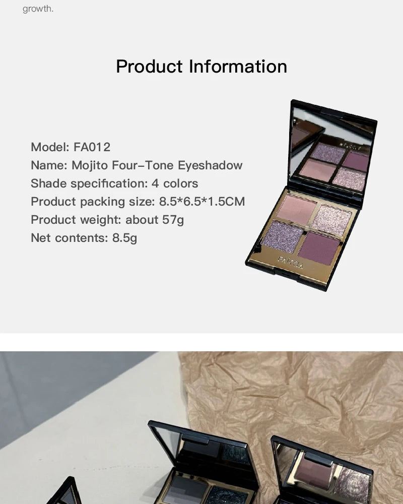 Faiccia 4-Color Mojito Eyeshadow Palette - Earth Pink Brown, Glitter Matte, Brightening, Perfect for Daily & Party Looks