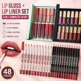 Lip Makeup Gift Set Women's 24-Color Glossy Lip Gloss & 24-Piece Lip Liner Cosmetic Set, Nude Pink Brown Red Makeup Gift Set Flawless Summeressentials