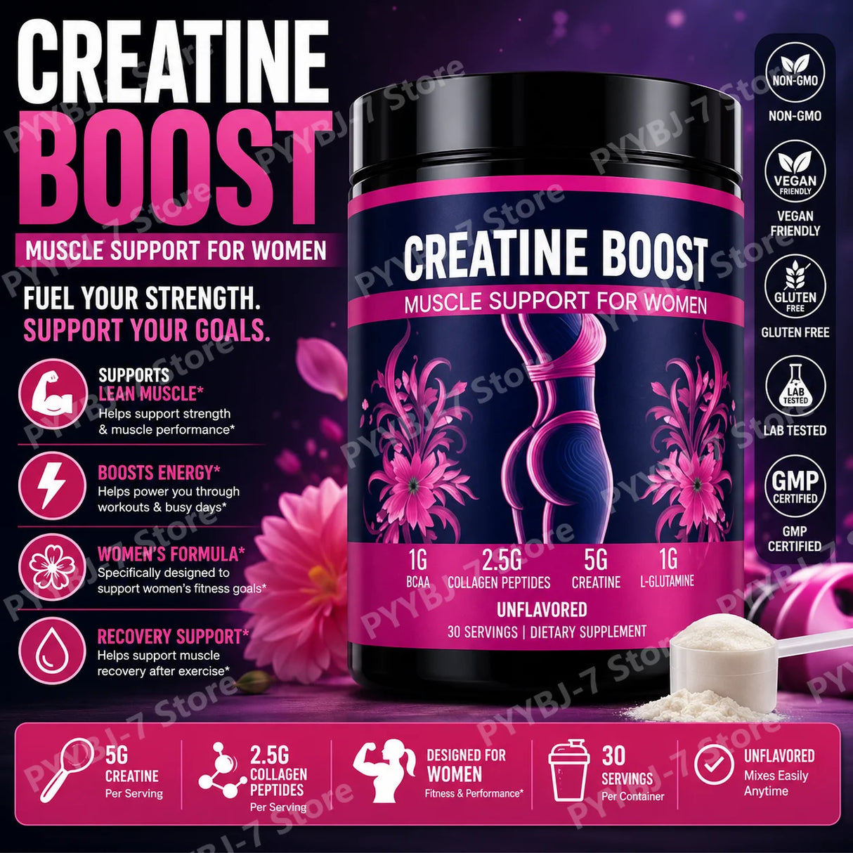 Creatine Powder for Women Booty Builder with Collagen Peptides BCAA L-Glutamine Unflavored Post-Workout Recovery Elasticity