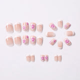 24Pcs Short Square Pink Floral French Press On Nails Clear Base Hand Drawn Flower Reusable With Adhesive Glue For Women Daily Party DIY Spring Summer Manicure Supply