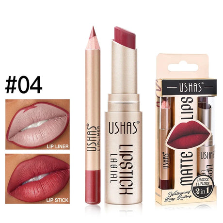 2-in-1 Lip Makeup Set, Matte Lipstick & Lip Liner Pencil, Nude Brown, Waterproof Long Lasting Tinted Lip Balm Contour Kit