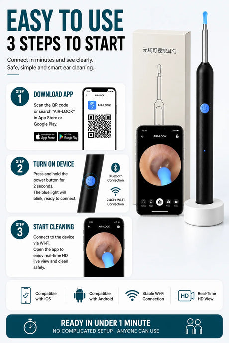 Visual Ear Wax Remover 1080P HD Camera USB-C Rechargeable Ear Cleaner IP67 Waterproof Otoscope with 6 LED Lights for Adults Kids