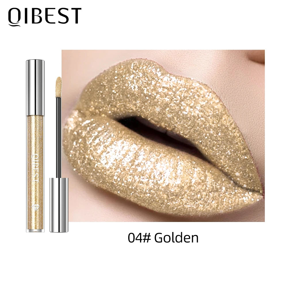 QIBEST Metallic Glitter Liquid Lipstick Makeup Waterproof Lip Gloss Long-lasting Shimmer Metal Diamond Lip Glaze Tint Charming
