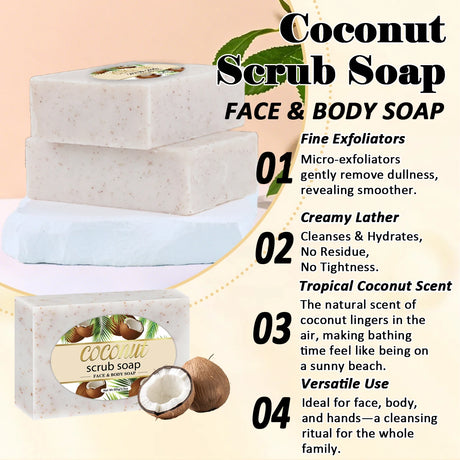 Coconut Scrub Soap Handmade Exfoliating Bath Soap Face & Body Cleanser Long-Lasting Moisturizing Soap Remove Dead Skin