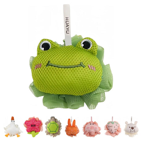 Kids Loofah, Cute Cartoon Animal Kids Bath Sponge with Hanging Rope, Soft Double Mesh for Rich Lather