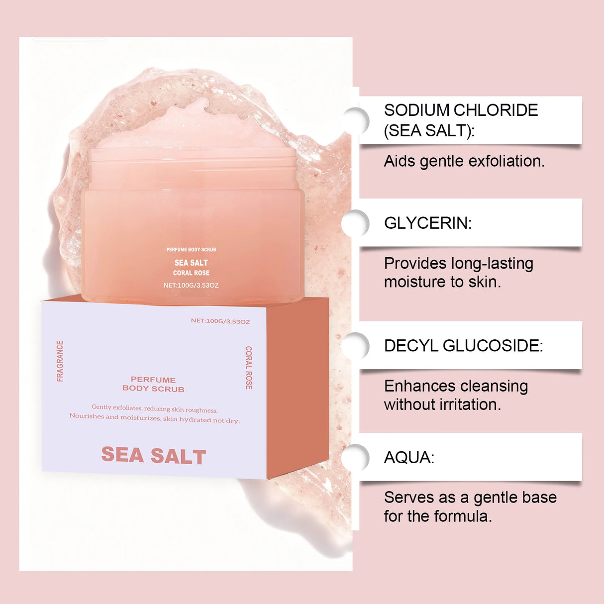 Perfume Body Scrub Hydrating Smoothing Skin Natural Exfoliating Salt Rose Coral Amber Vanilla Scent Moisturizing Cleansing Skin