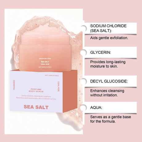 Perfume Body Scrub Hydrating Smoothing Skin Natural Exfoliating Salt Rose Coral Amber Vanilla Scent Moisturizing Cleansing Skin