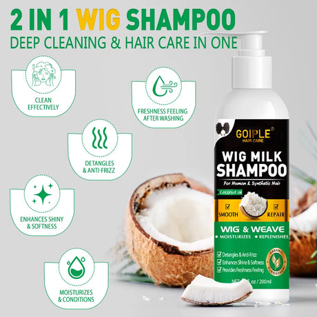 GOIPLE Natural Coconut Oil Wig Milk Shampoo Smooth Repair Moisturizes Frizzy Hair for Wigs Wave 2 in 1 Wig Wash Care Product