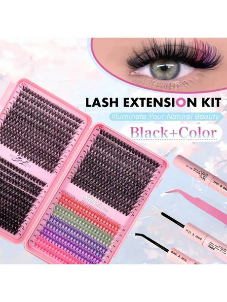 800 Cluster DIY Colored Eyelash Book Set, Including Adhesive And Sealant, Tweezers, Reusable Lightweight DD False Eyelashes