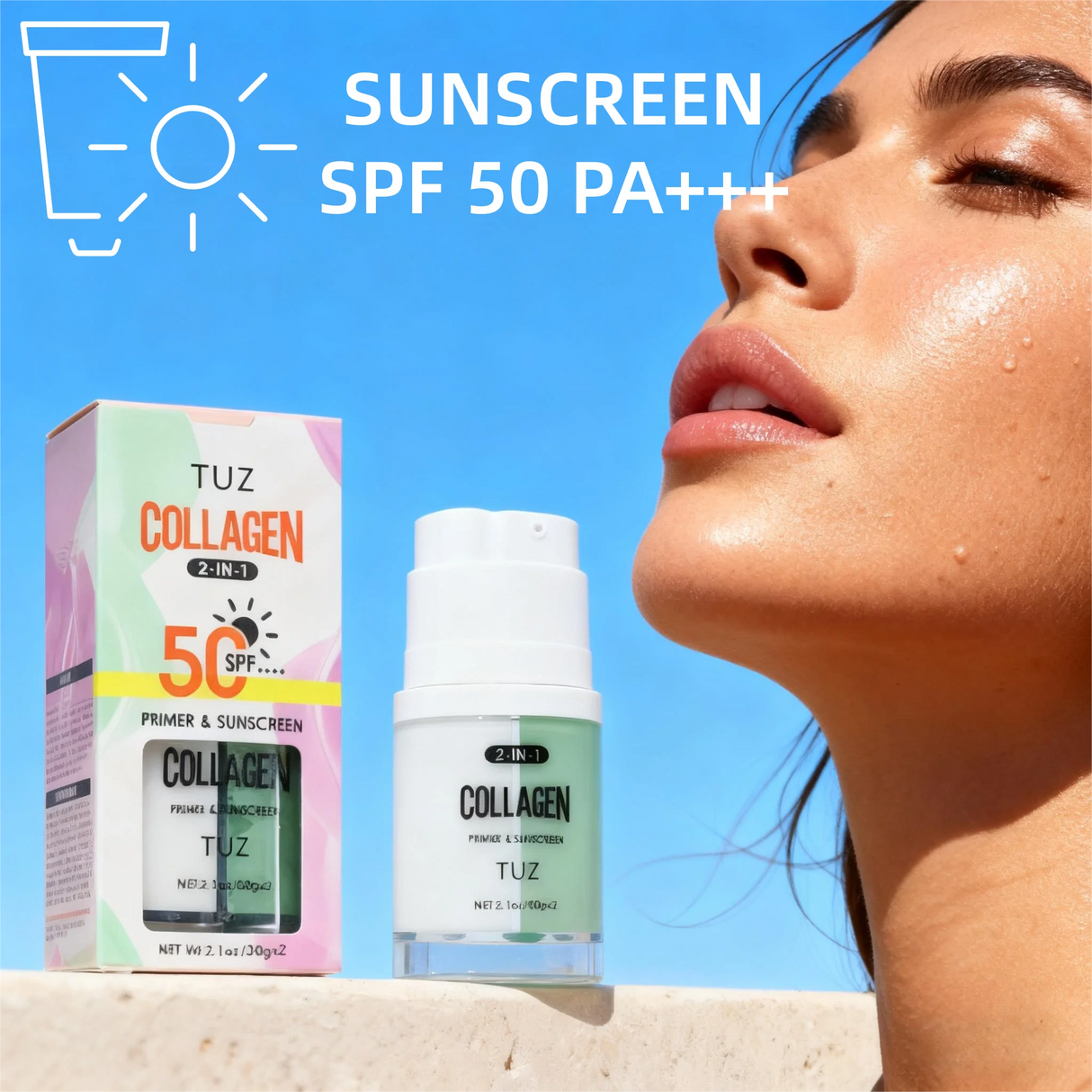 Collagen 2-in-1 Primer & Sunscreen Spf 50, Dual Chamber Face Primer with Collagen Sun Protection & Makeup Base for Flawless Skin