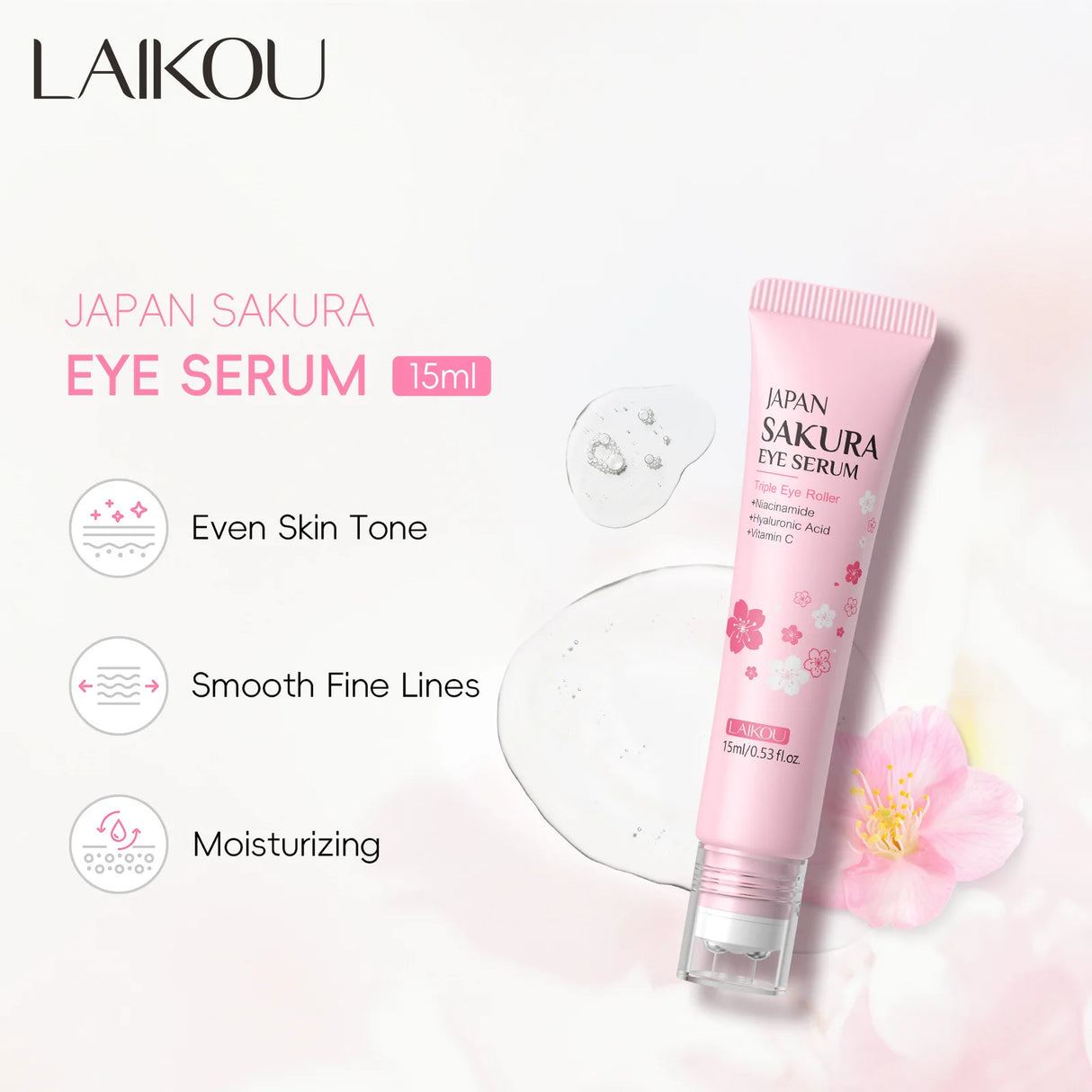 LAIKOU Sakura Roller Eye Serum 15ml Moisturizing Eye Care Reduce Dark Circles Puffiness Fine Lines Anti Aging Brightening Eye