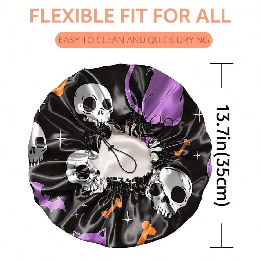 Reusable Double Layer Waterproof Shower Cap For Women Adjustable Elastic Hair Bath Cap With Cat Skull Design