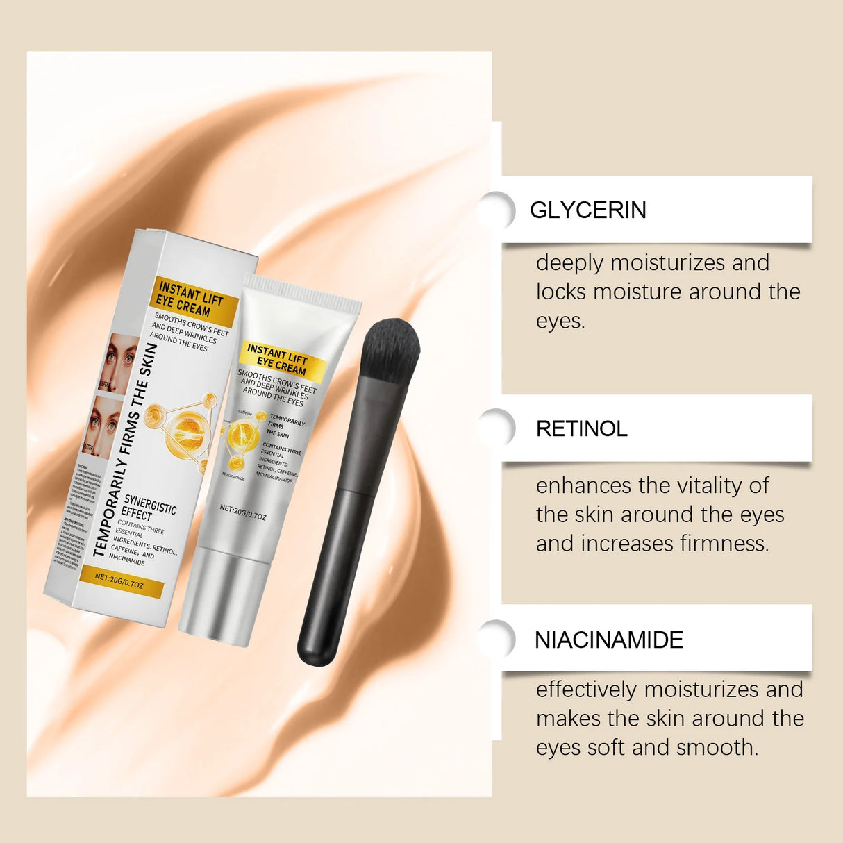 Instant Eye Care Cream With Brush Lasting Moisturizing Firming Smoothing Fine Lines Anti-Aging Eye Bag Removal Skin Care