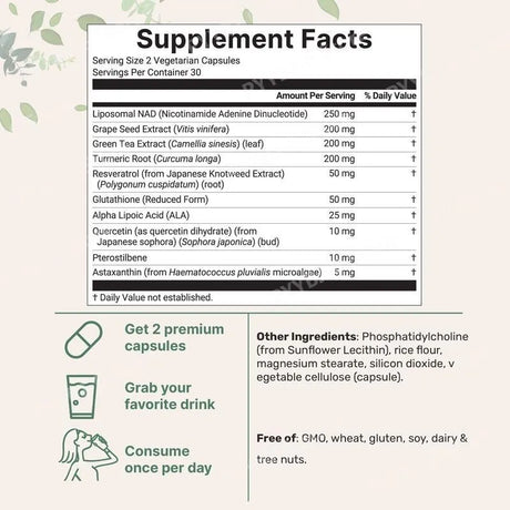 NAD+ Supplement with Glutathione Resveratrol Astaxanthin 10-in-1 Formula 60 Capsules for Men and Women Daily Wellness