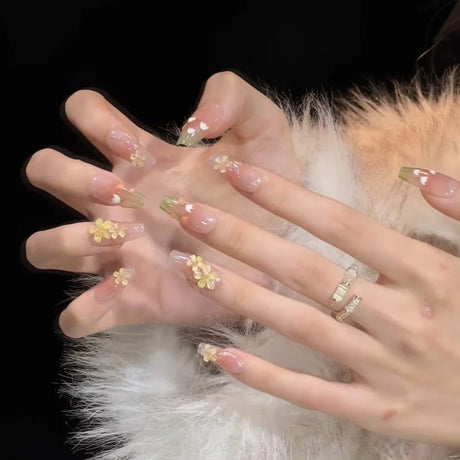 24pcs Cat's Eye Round Head Fake Nail with Mid-length Almond Deisgn Flower Pearl Stick on Nails Full Cover Detachable False Nail