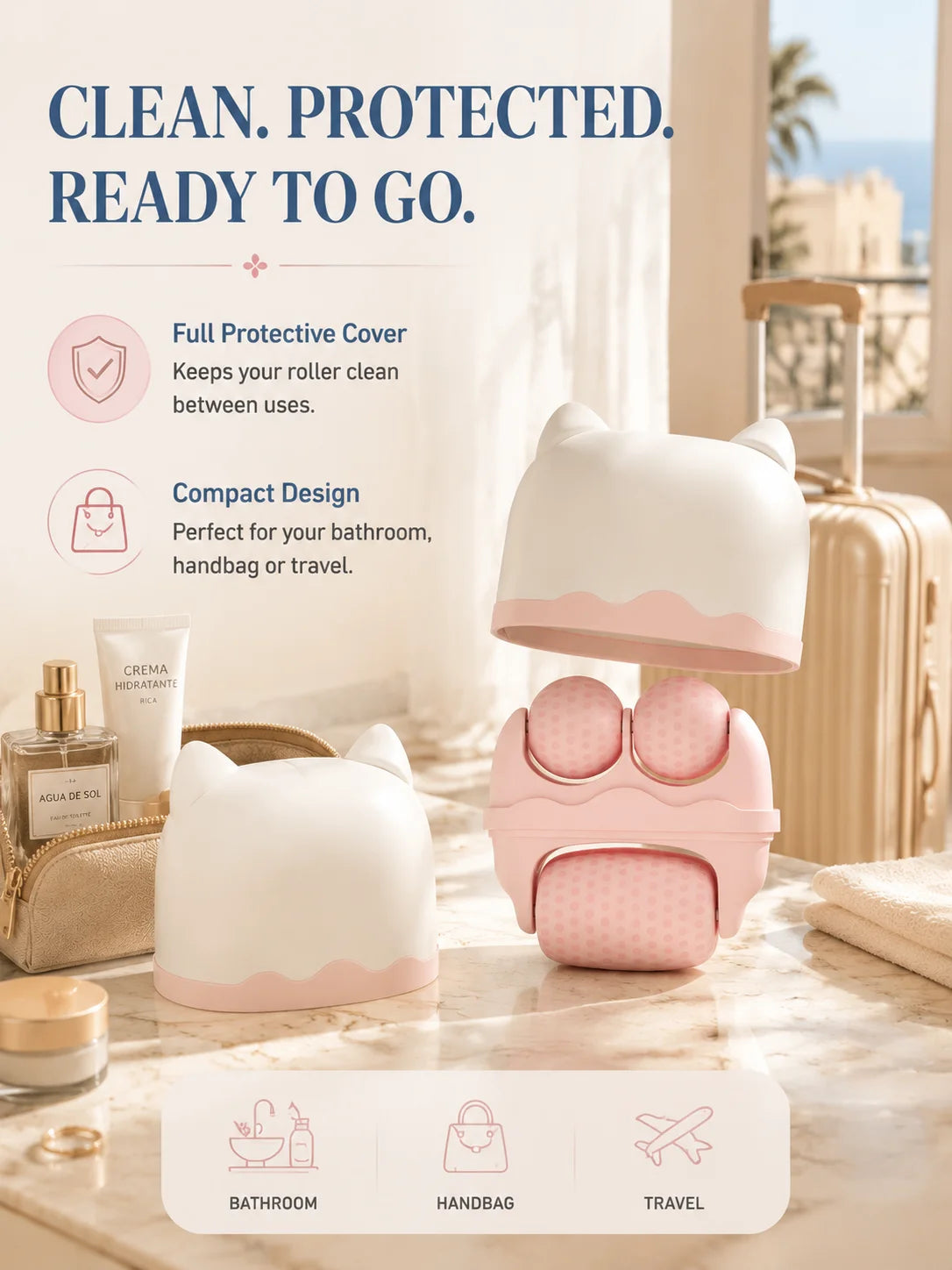 3 Roller Ice Face Roller Cooling Facial Massager with Cat Ear Storage Case Reduce Puffiness Jawline Neck Eye Skincare Massage To