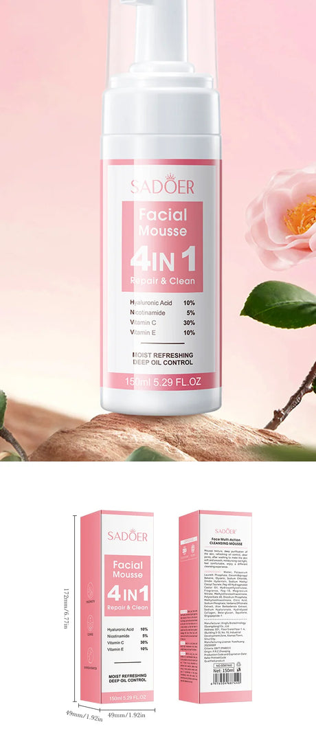 SADOER 4 in 1 Facial Mousse Face Wash Foam Facial Cleanser Moisturizing Brightening Hydrating Face Cleansing Skin Care Products