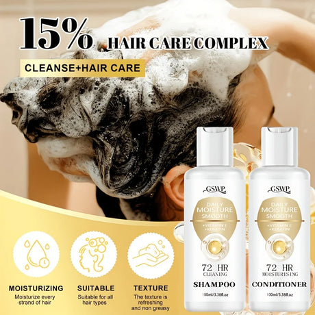 GSWP 72-Hour Moisturising Shampoo and Conditioner Set, enriched with keratin for deep hydration, Ideal as a gift. 100ml + 100ml