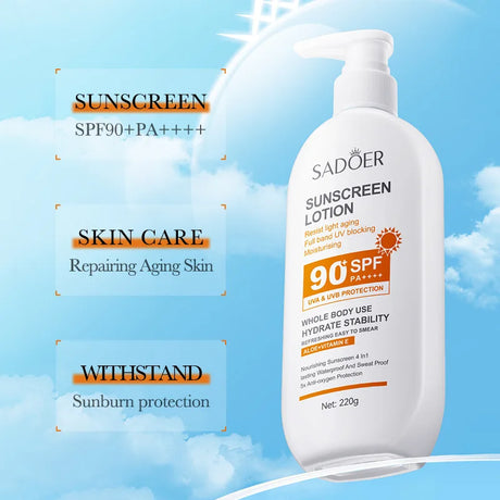 Super 220ml Aloe+Vitamin E Body And Face Sunscreen Lotion SPF 90 PA++++Whole Body Use Protect + Hydrate Moisturizing