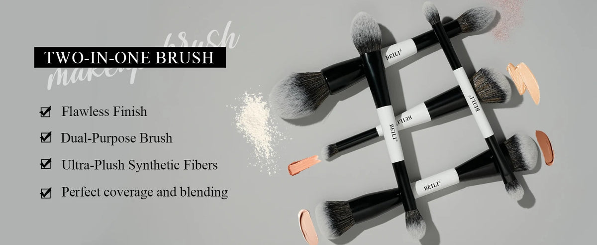 BEILI Dual-ended Makeup Brush Set Professional 12 Pcs Vegan Contour Foundation Powder Eyebrow Bronzer Brushes Cosmetics Kit