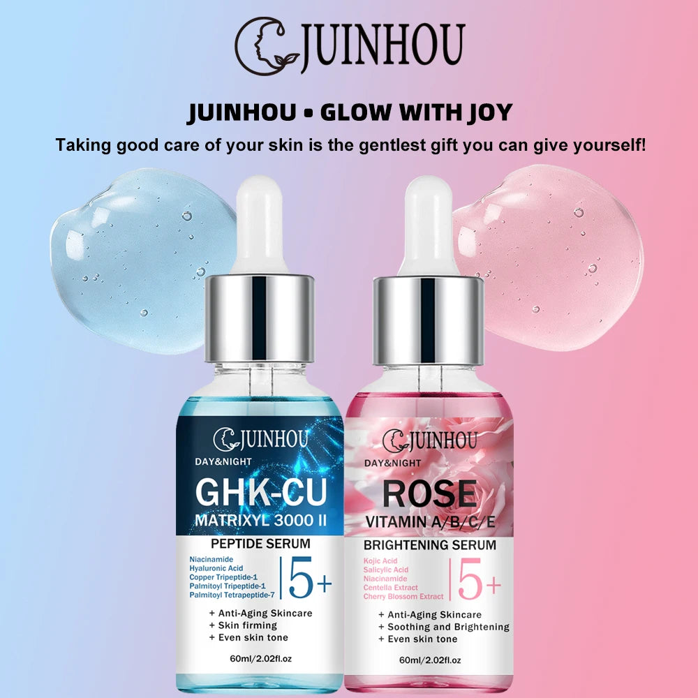JUINHOU 2pcsCopper Peptide Rose Face Serum Set Hydrating Serum Kit For Fine Line Dry Skin Daily Face Care Brighten Skin All Skin