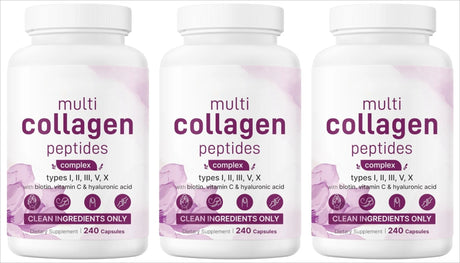 Multi Collagen Capsules 240ct Type I II III V X with Biotin Hyaluronic Acid Vitamin C Hydrolyzed Protein Supplement