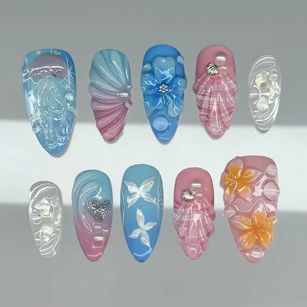 24PCS Juicy Red Cherry Hand Painted Press on Nails Vivid French Border Jelly Clear Almond Shape Fake Nails Summer Vibe