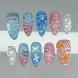 24PCS Juicy Red Cherry Hand Painted Press on Nails Vivid French Border Jelly Clear Almond Shape Fake Nails Summer Vibe