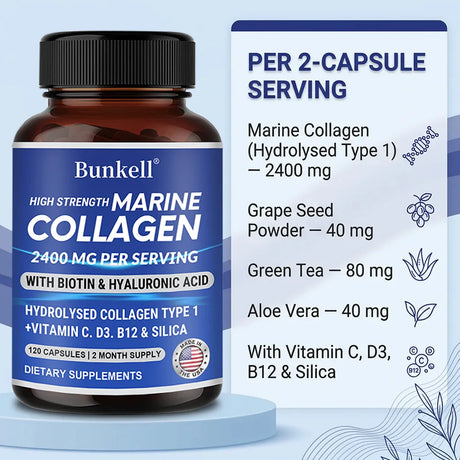 Marine Collagen 2400 Mg | Contains Hyaluronic Acid, Vitamin C and Biotin | High Strength Collagen Supplement for Men and Women