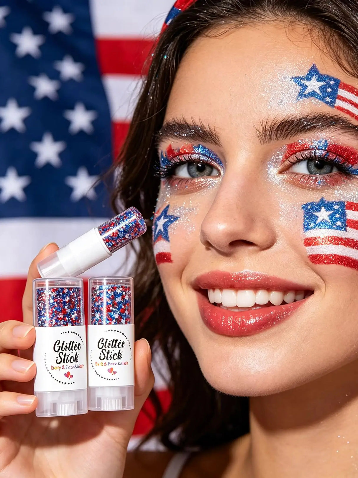 Patriotic Glitter Body Paint Stick with Makeup Remover Cloth, Red White Blue Face Paint for 4th of July, Sports Games