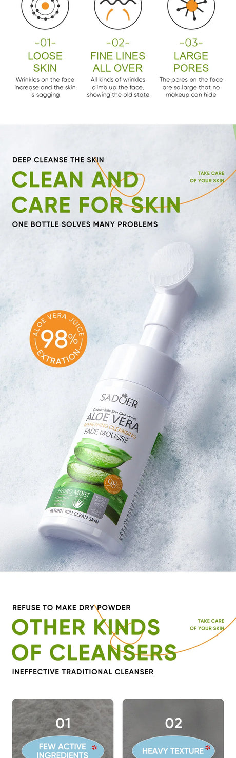 SADOER Aloe Facial Cleanser Massage Cleansing Mousse Moisturizing Deep Cleansing Anti-aigng Face Wash Foam Facial Cleanser