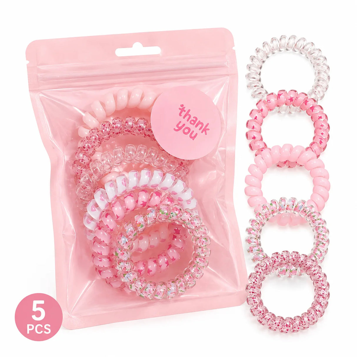 1 Pack 5 Pcs Pink Spiral Hair Ties for Women and Girls, Coil Ponytail Holders in Gift Pouch, Soft Stretch Hair Accessories for Daily Wear