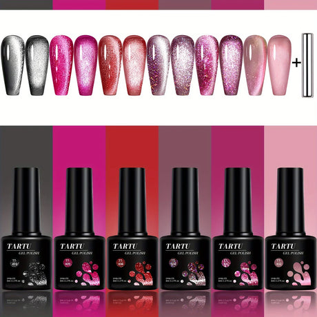 TARTU 6pcs 8ml Cat Eye Gel Nail Polish Set, 6 Colors Gel Polish Kit, Soak Off for Uv/Led, for Salon and Nail Art DIY At Home