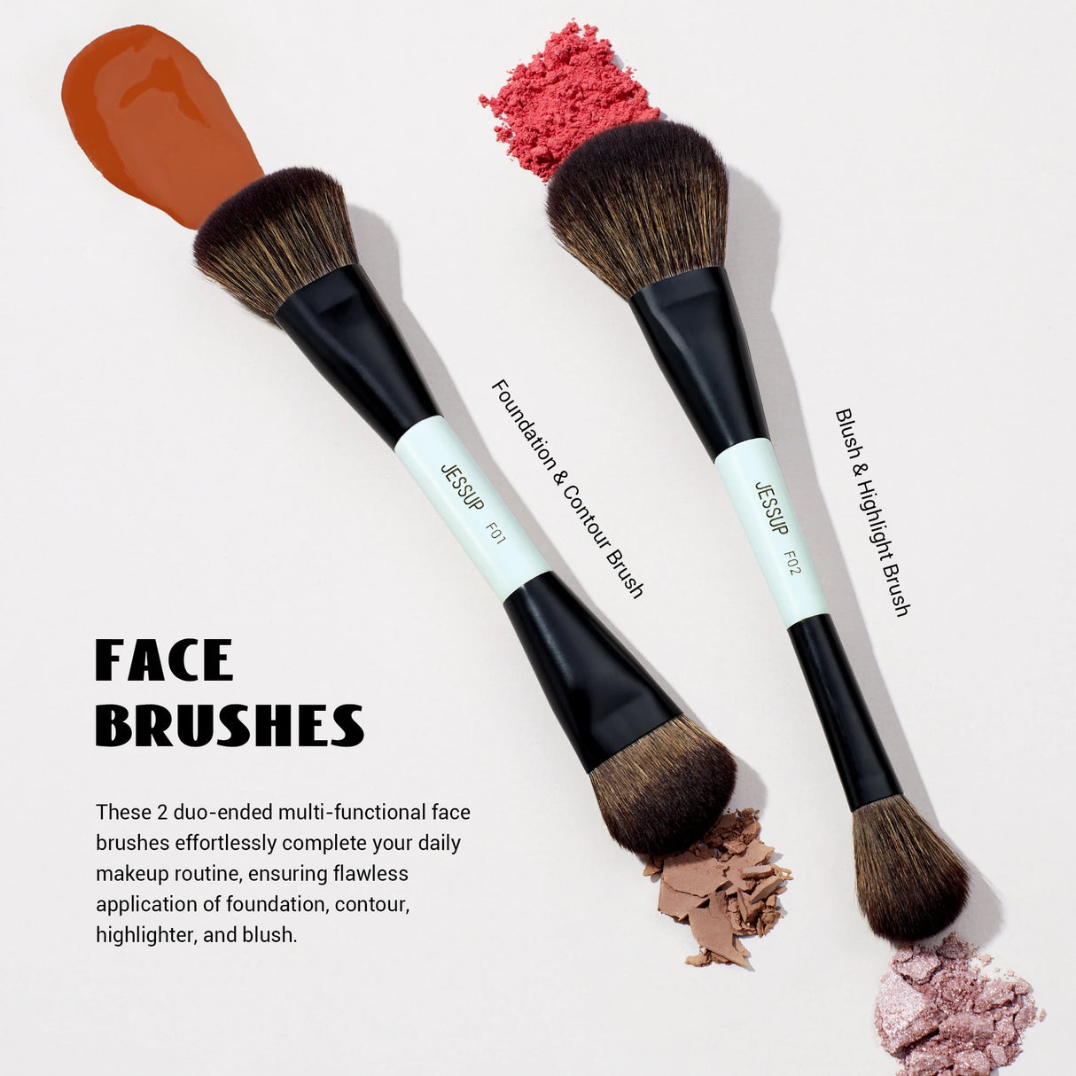 Jessup Makeup Brush Set Double Sided Makeup Brushes Foundation Contour Blush Blending Eyebrow Shadow,Fiber Bright Cyan T501