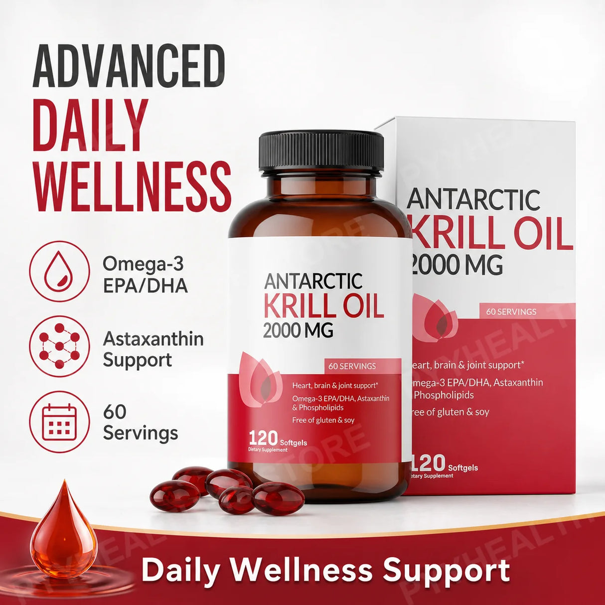 Antarctic Krill Oil 2000mg with Omega-3 EPA DHA, Astaxanthin & Phospholipids, Premium Daily Wellness, 120 Softgels Supplement