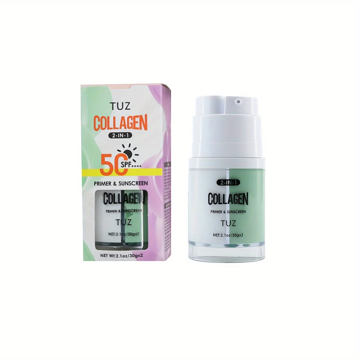 Collagen 2-in-1 Primer & Sunscreen Spf 50, Dual Chamber Face Primer with Collagen Sun Protection & Makeup Base for Flawless Skin