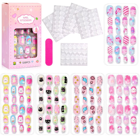 120Pcs Children's Press on Nails Kids Cartoon Acrylic Fake Nails Tips Kawaii Girl Full Cover Short False Nails With Jelly Glue#@