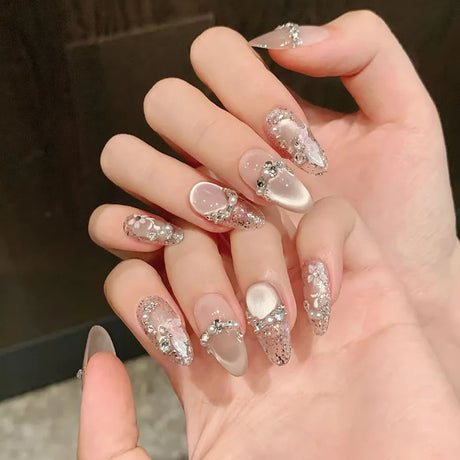 24pcs Cat's Eye Round Head Fake Nail with Mid-length Almond Deisgn Flower Pearl Stick on Nails Full Cover Detachable False Nail