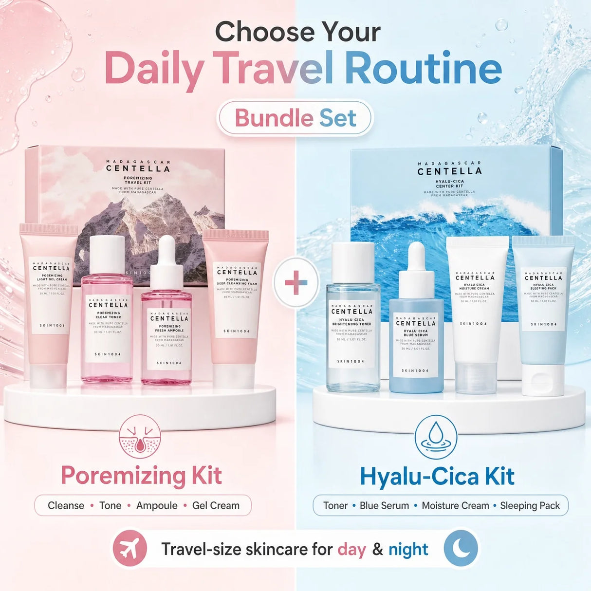 Centella Hyalu-Cica and Poremizing Travel Kit,Toner, Ampoule Serum,Face Moisturizer Cream and Night Sleeping Pack Mini 4pcs Set