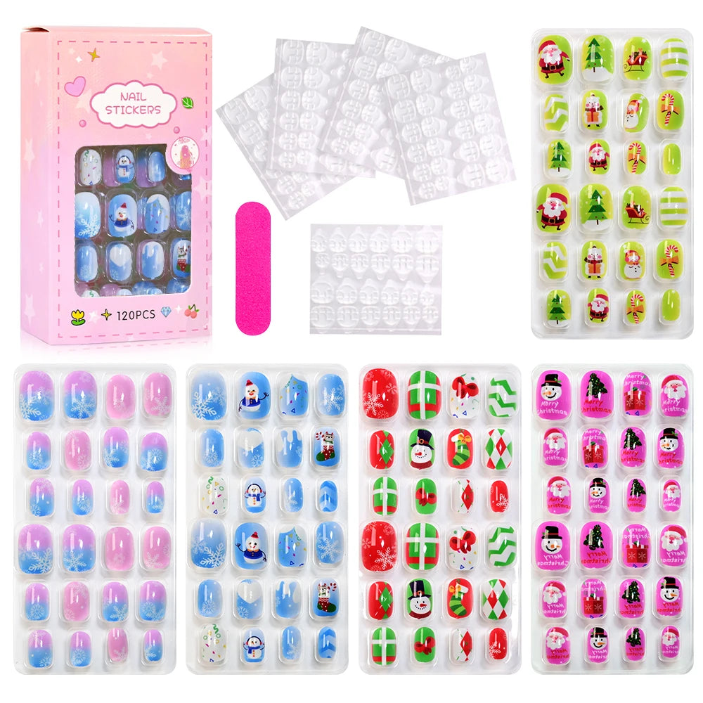 120Pcs Children's Press on Nails Kids Cartoon Acrylic Fake Nails Tips Kawaii Girl Full Cover Short False Nails With Jelly Glue#@