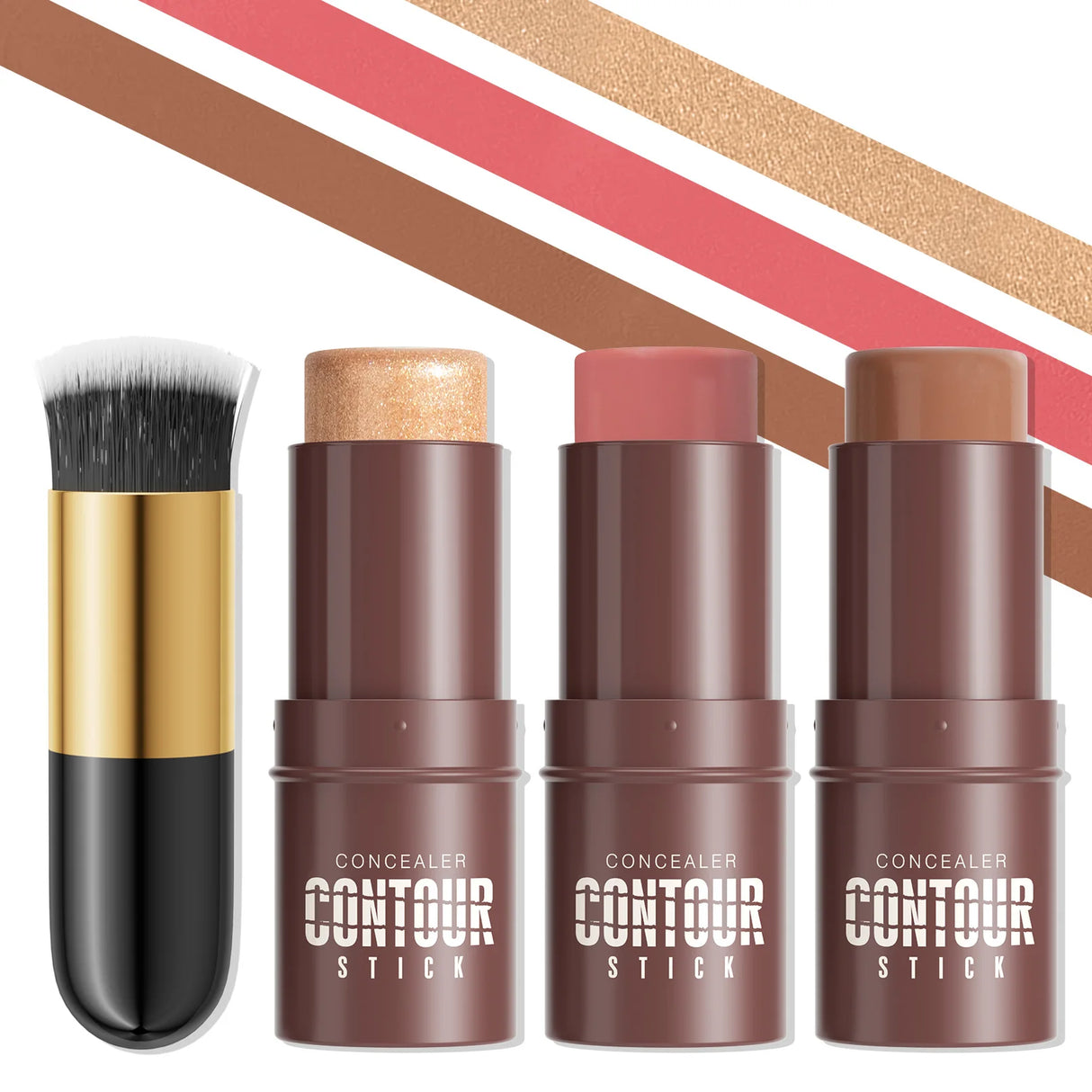 4-Piece Contour Stick Set with Highlighter, Blush & Bronzer Plus Golden Powder Brush - Waterproof Cream for All Tones, Shimmery.
