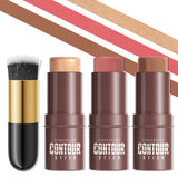 4-Piece Contour Stick Set with Highlighter, Blush & Bronzer Plus Golden Powder Brush - Waterproof Cream for All Tones, Shimmery.