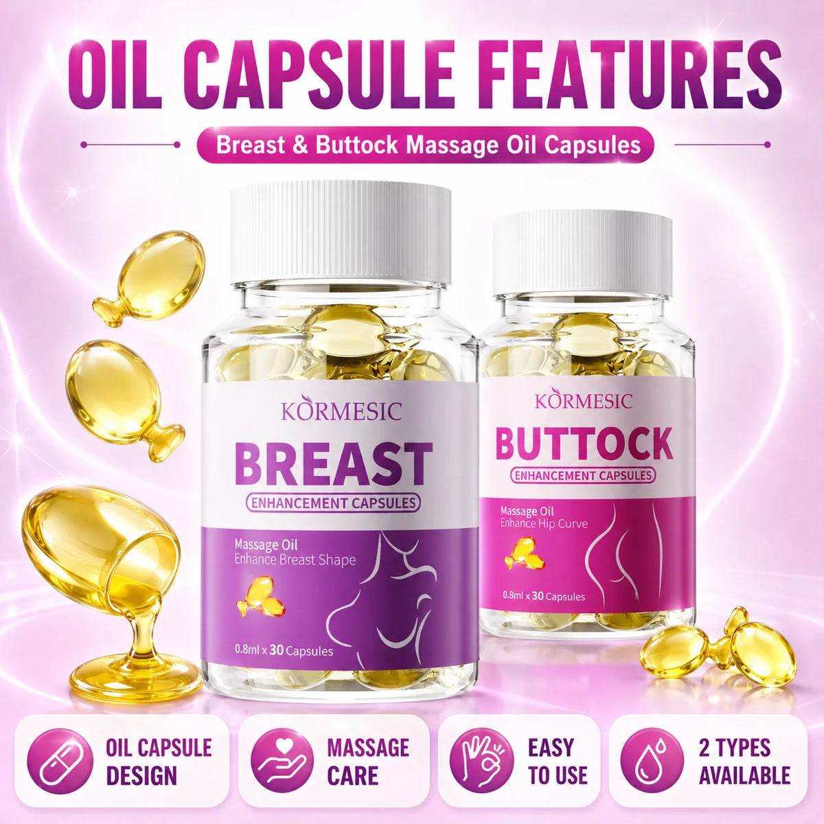 Breast Buttock Enlargement Massage Oil Capsules, Women Body Curve Enhancer, Hip Breast Firming Plumping Serum, Fuller Shape 30pc