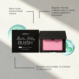 Multicolor matte silky blush, adheres well, long-lasting, easy to blend, gives a youthful, lightweight feel, perfect for everyda