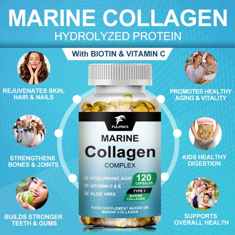 Marine Collagen Complex Capsules, Hydrolyzed Peptides for Skin Elasticity, Hair, Nails, Joint & & Bones Health, Glowing Beauty