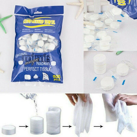 100pcs Compressed Towel Wet Wipes Paper Face Towel Tablet Disposable Napkin Portable Magic Towel Coin Tissues Make Up for Travel