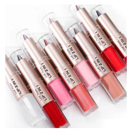 Black Brown Tapered Lip Liner Contour Pencil Double Head Mirror Plumping Lip Glaze Crystal Lip Gloss Sexy Red Lips Tint Makeup