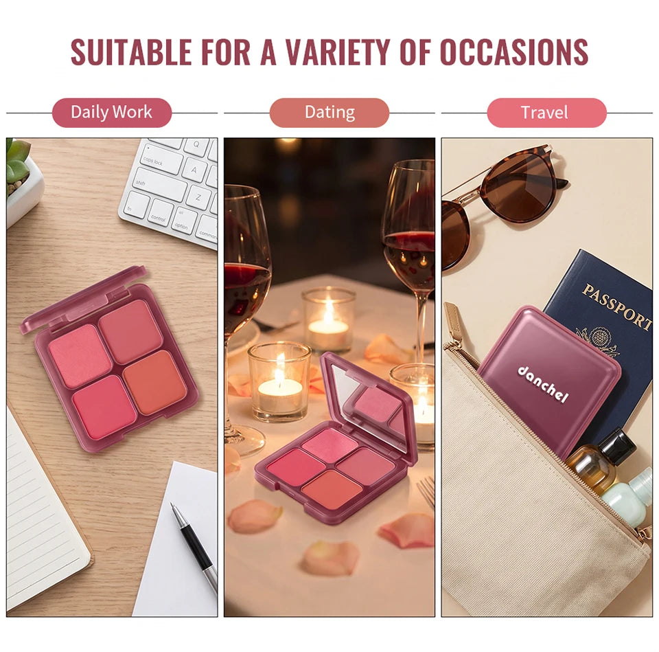 4 Shades Blush Palette Matte & Shimmer Two Textures Rich Pigment Long-wear Soft Blur Finishing Compact Blush Daily Cheek Makeup