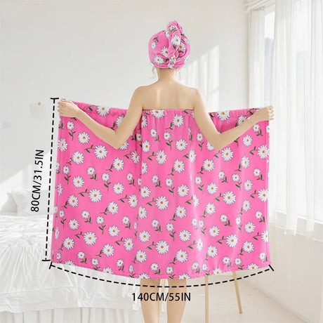 2 Pcs Combination Set Bath Skirt + Shower Cap Daisy Pastoral Style Wearable Bath Towel Skirt  Hair Wrap Flower Soft & Absorbent