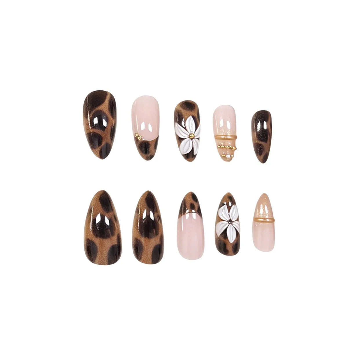 24pcs Leopard Print Press On Nails 3D White Flower Gold Metal Beads Charms Fake Nail Y2K Short Almond Fasle Nail for Women